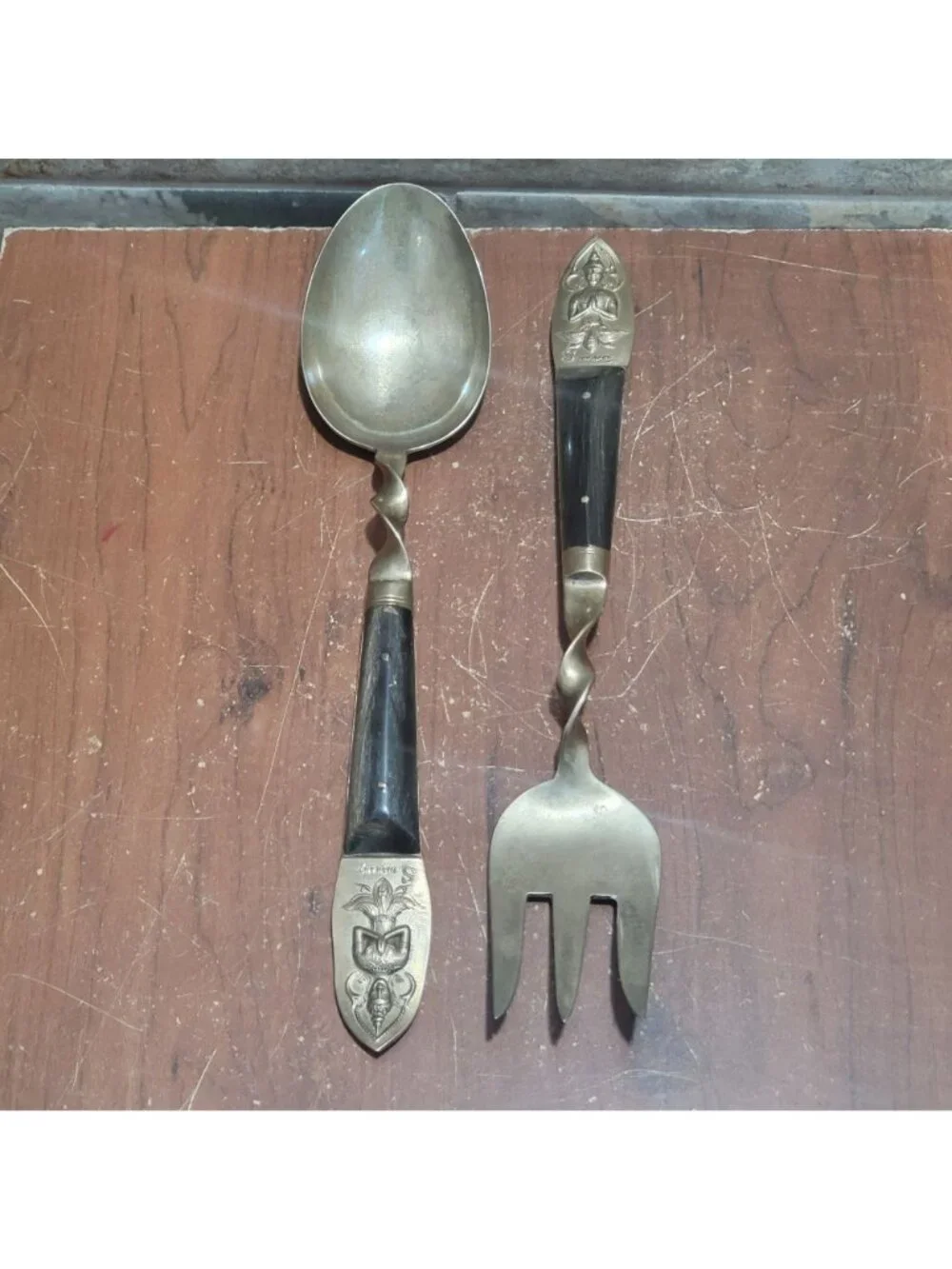 VTG Flatware Salad Servers Brass Bronze Thai Dancer Buddha Motif Stamped S Thail